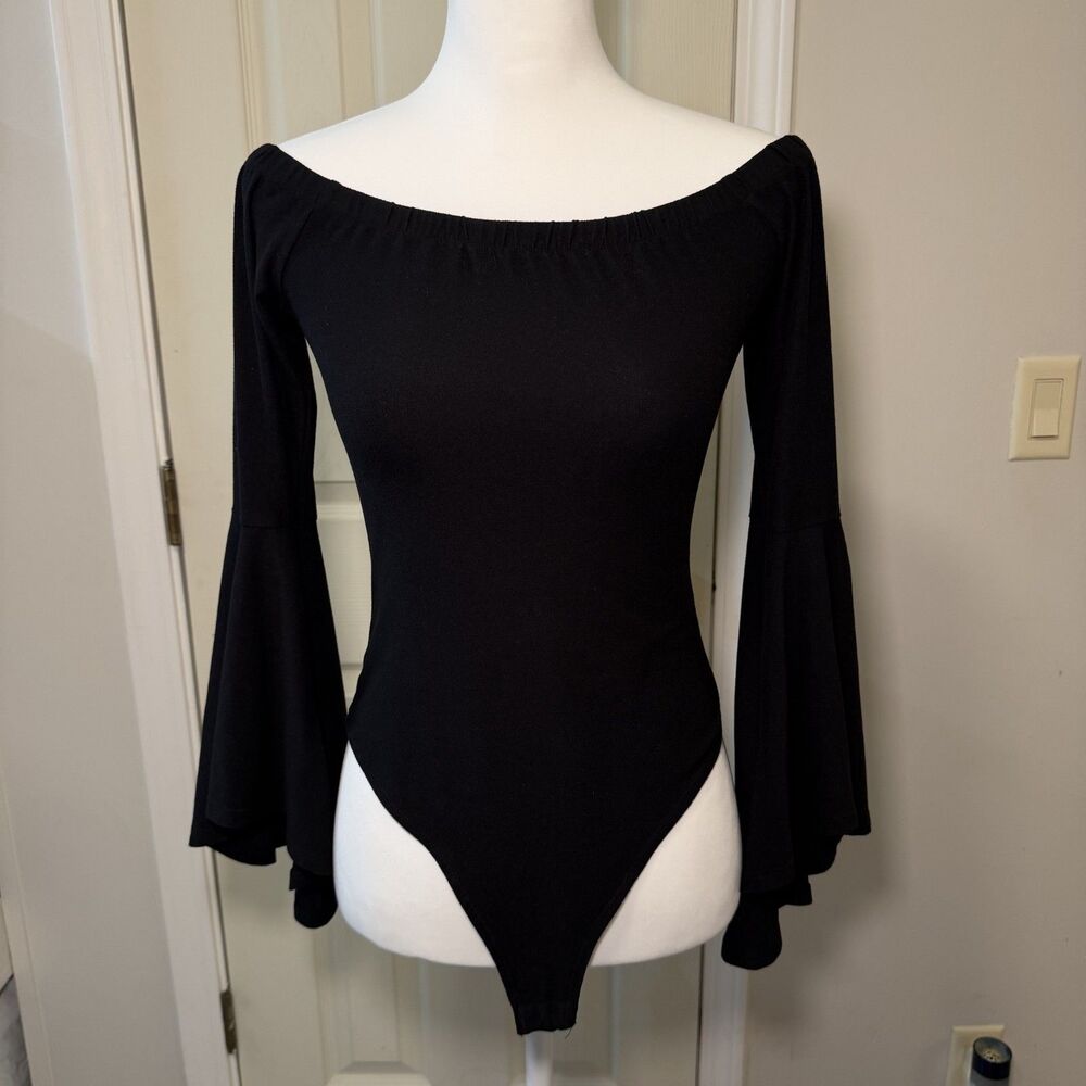 Favlux Large Black Off The Shoulder Bodycon Bodysuit Bell Flare Sleeve L